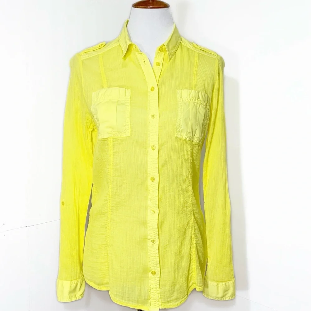 SOLD-Anthropologie Crinkle Roll Sleeve Bright Yellow Buttondown Top - Picture 4 of 9